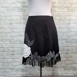 Vintage 90s Cache Womens 6 Black Skirt Beaded Sequin‎ Floral Tulle Trim Aline